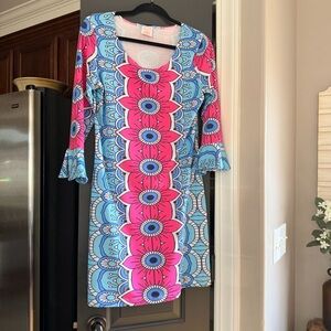 Michelle Parisou Retro Floral Lotus Y2K Style Preppy Bell Sleeve Dress Pink Blue